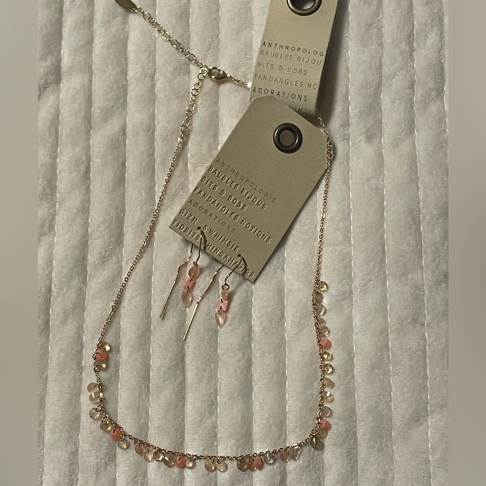 Anthropologie Gold Necklace & earrings with Soft Pink Beads